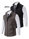 2pcs Set of Spring And Autumn Knit Sweaters, Zippered Cardigans with Real Pockets, Solid Color, Unisex Vests - E7015K+HEI