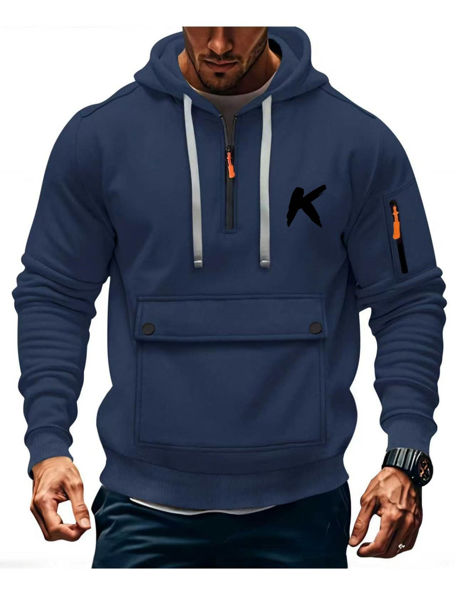 Men'S Athletic Casual Hooded Sweatshirt, Cargo Multi-Pocket Half-Zip Design Brushed K Letter Print Long Sleeve Hoodie - Navy Color