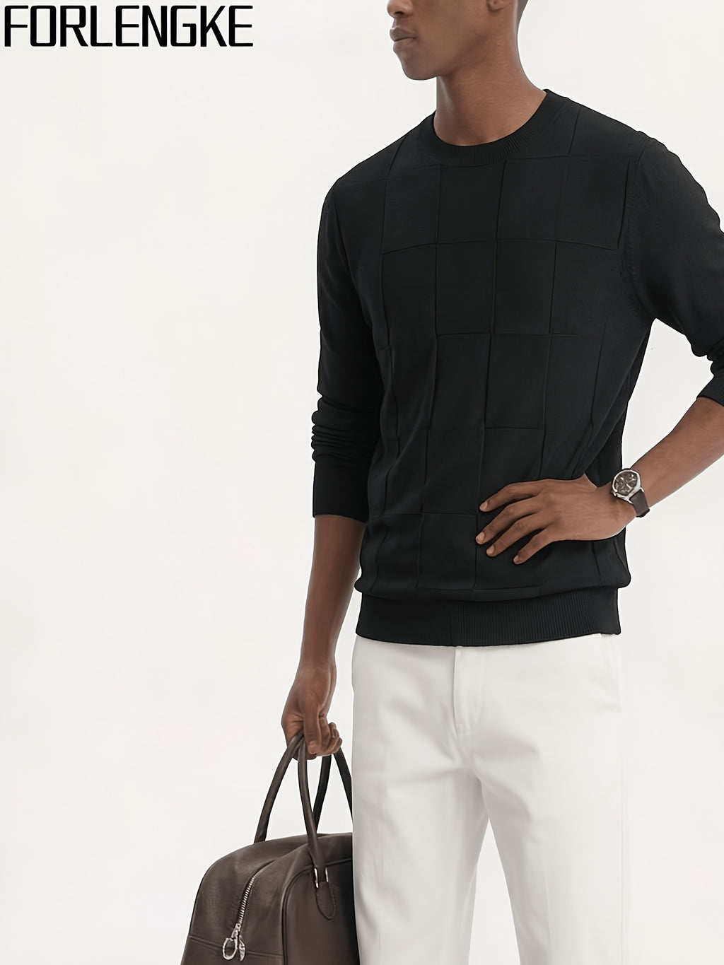 FORLENGKE Men's Casual Commuter-style Checkered Knit Sweater with Checkered Jacquard, Soft and Breathable Knit Fabric, Classic Crew Neck Long-sleeve Pullover Style, Suitable for Various Outfit Occasions, Autumn and Winter Daily Casual Men's Top - Black
