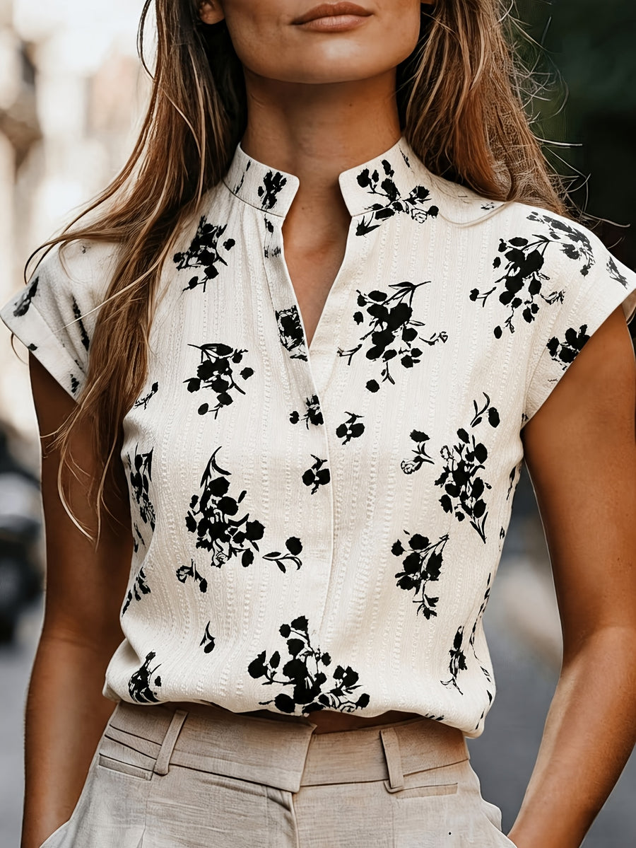 Women'S Elegant Fashion Floral Print V-Neck Commuter Shirt - White