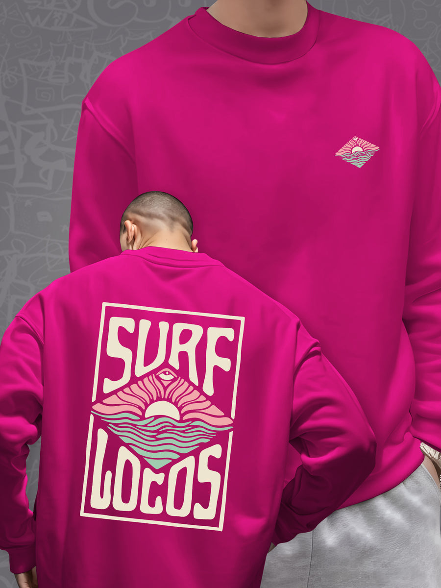 Surf SURF LOCOS Print, Men's Casual Trendy -Lined Long Sleeve Crewneck Sweatshirt, Fashion Print Sweatshirt - Rose Red