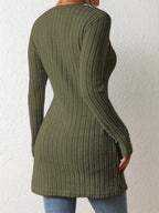 Women's Fashion Ribbed Square Neck Contrast Color Irregular Button Long Sleeve T-Shirt - fern green