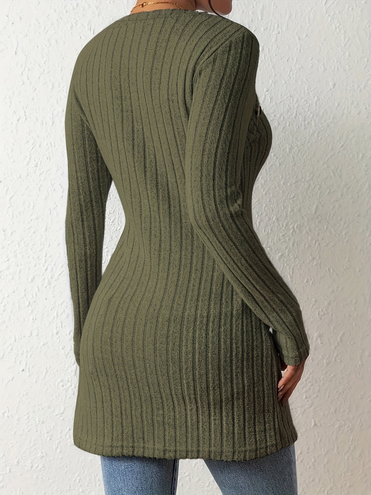 Women's Fashion Ribbed Square Neck Contrast Color Irregular Button Long Sleeve T-Shirt - fern green