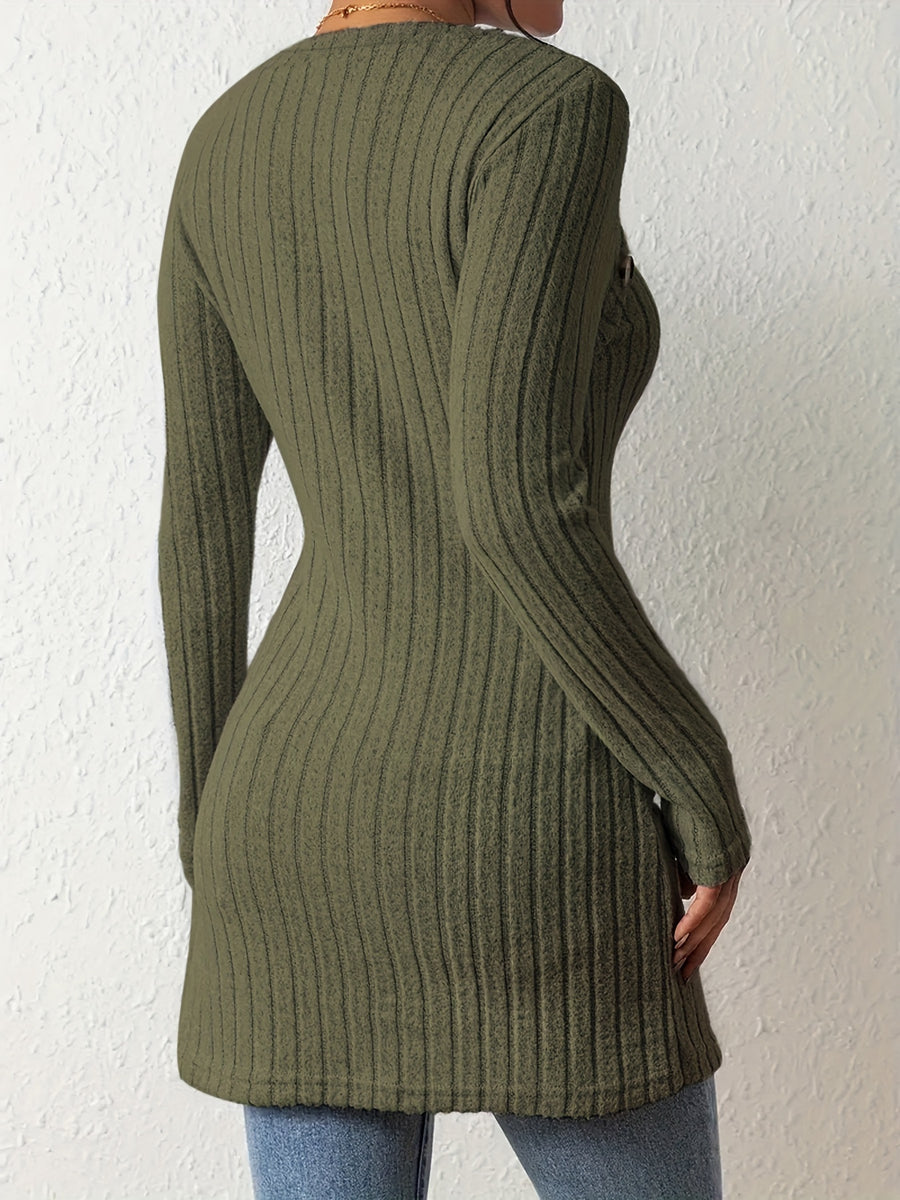 Women's Fashion Ribbed Square Neck Contrast Color Irregular Button Long Sleeve T-Shirt - fern green
