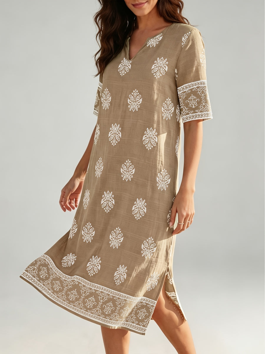 V-neck Short-sleeve Ethnic Print Dress with Slit Hem, Holiday Travel Beach Dress - Khaki