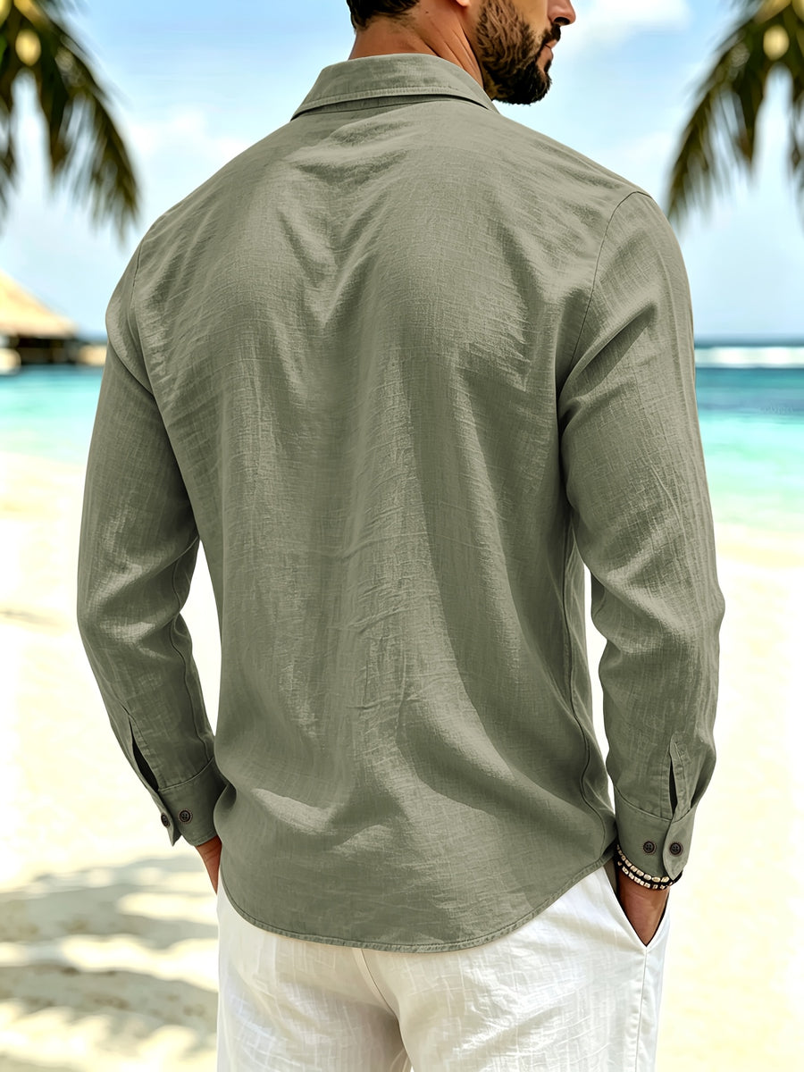 Spring/Autumn Men'S Henley Shirt Linen Long Sleeve, Comfortable And Breathable Fabric, Suitable for Daily Outings, Outdoor Sports, Travel, And Vacation, Lightweight And Breathable Regular Fit with Chest Pocket And Buttoned Cuffs, Ideal for Beach - fern green