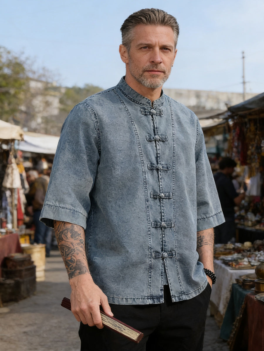 Zhiyu OBM New Chinese-Style Vintage Button-Up Denim Jacket, Chinese Tang-Style Shirt, Loose Fit Plus Size Mantou-Style Seven-Quarter Sleeve Hanfu Men's Top, Chinese Size, Please Check The Size Guide Carefully - Blue