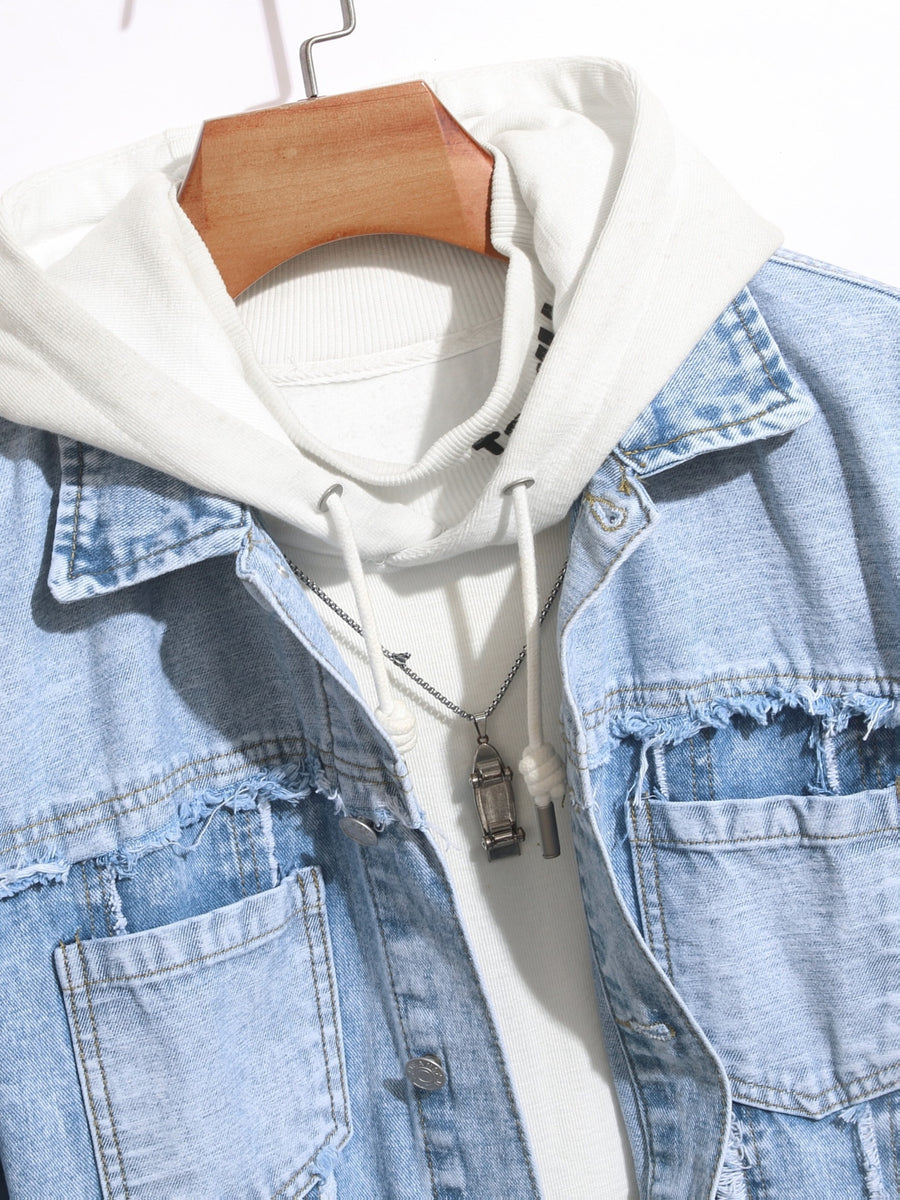 Men's New Style Washed Solid Color Fringe Denim Jacket, Men's Fashionable Trendy Denim Jacket Outerwear - Light Blue