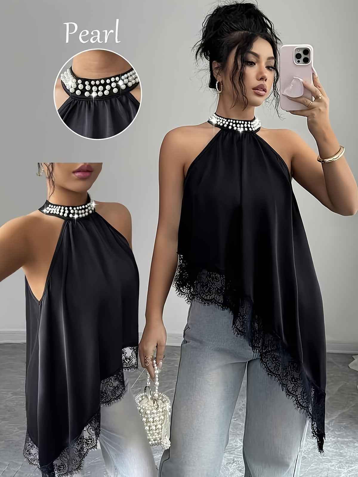 Women'S Fashionable And Sexy Halter Neck Lace Irregular Hem Versatile Top for Casual Outings, Commuting, And Vacations - Black