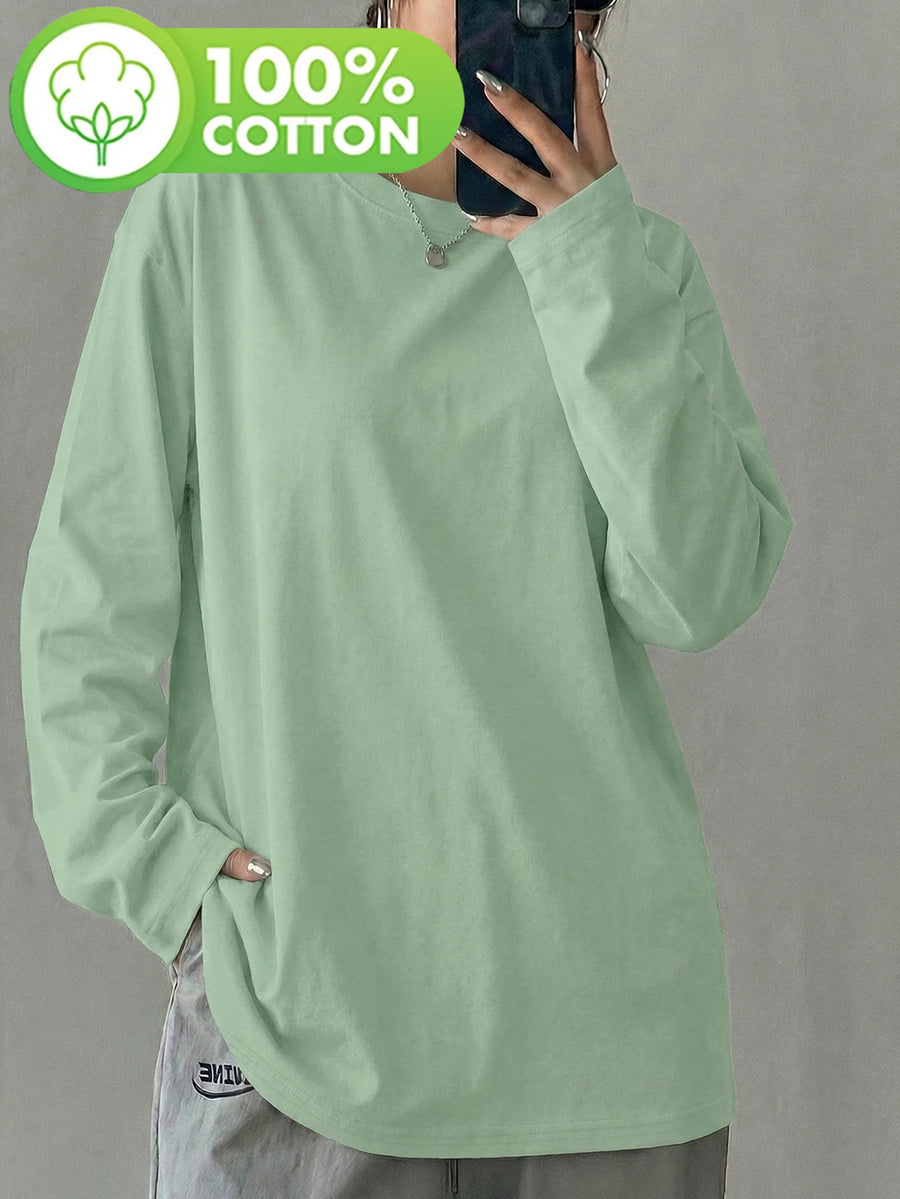 Women'S 100% Solid Color Long Sleeve T-Shirt, Round Neck, Comfortable Casual Wear for Everyday Use - Green