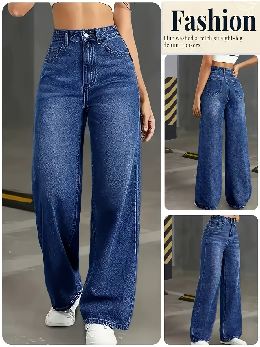 Women's Denim Straight Pants Loose Fit European and American Style - Medium Blue