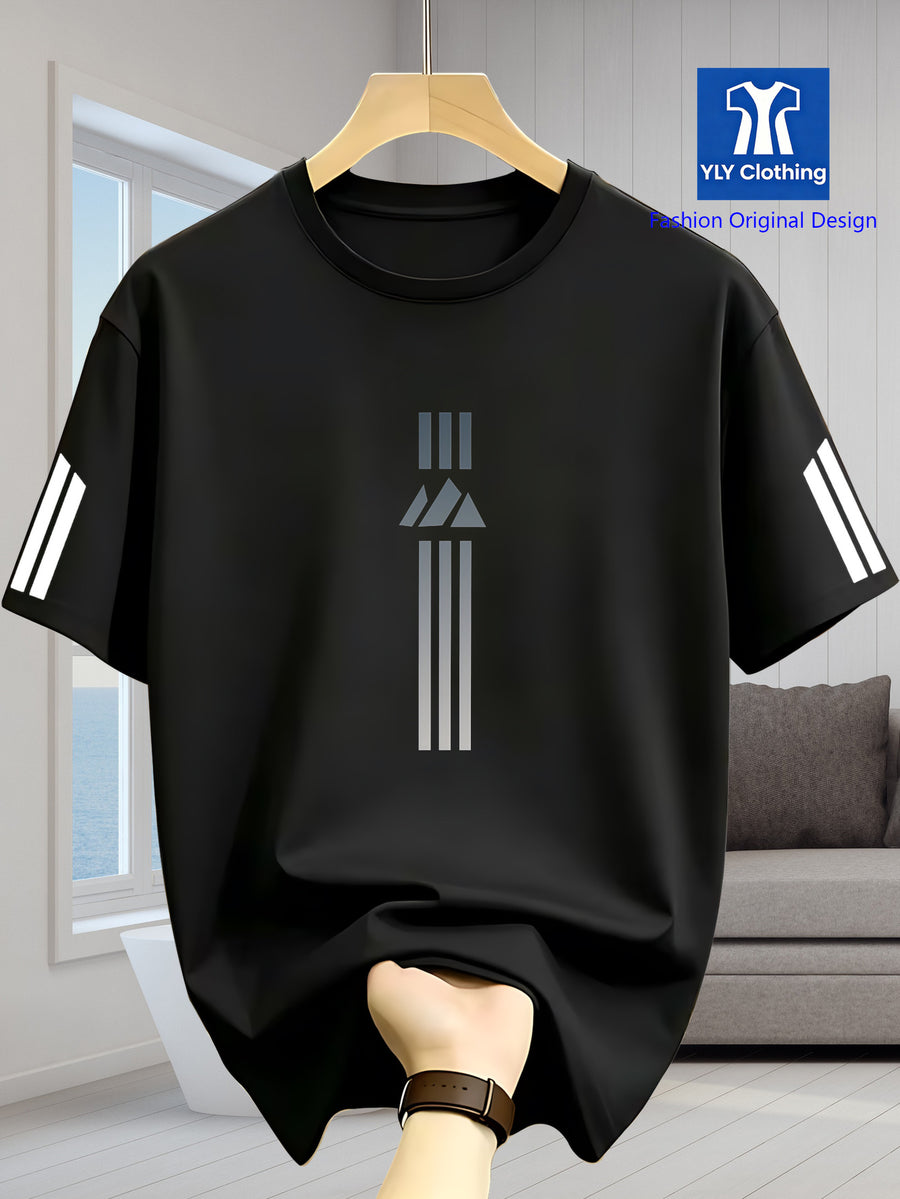 2026 Latest Casual T-Shirt for Men, Featuring a Easy Geometric Pattern And Short Sleeves. It Is Comfortable And Versatile to Wear, with a Design That Combines Vertical Stripes And Triangular Elements - Black