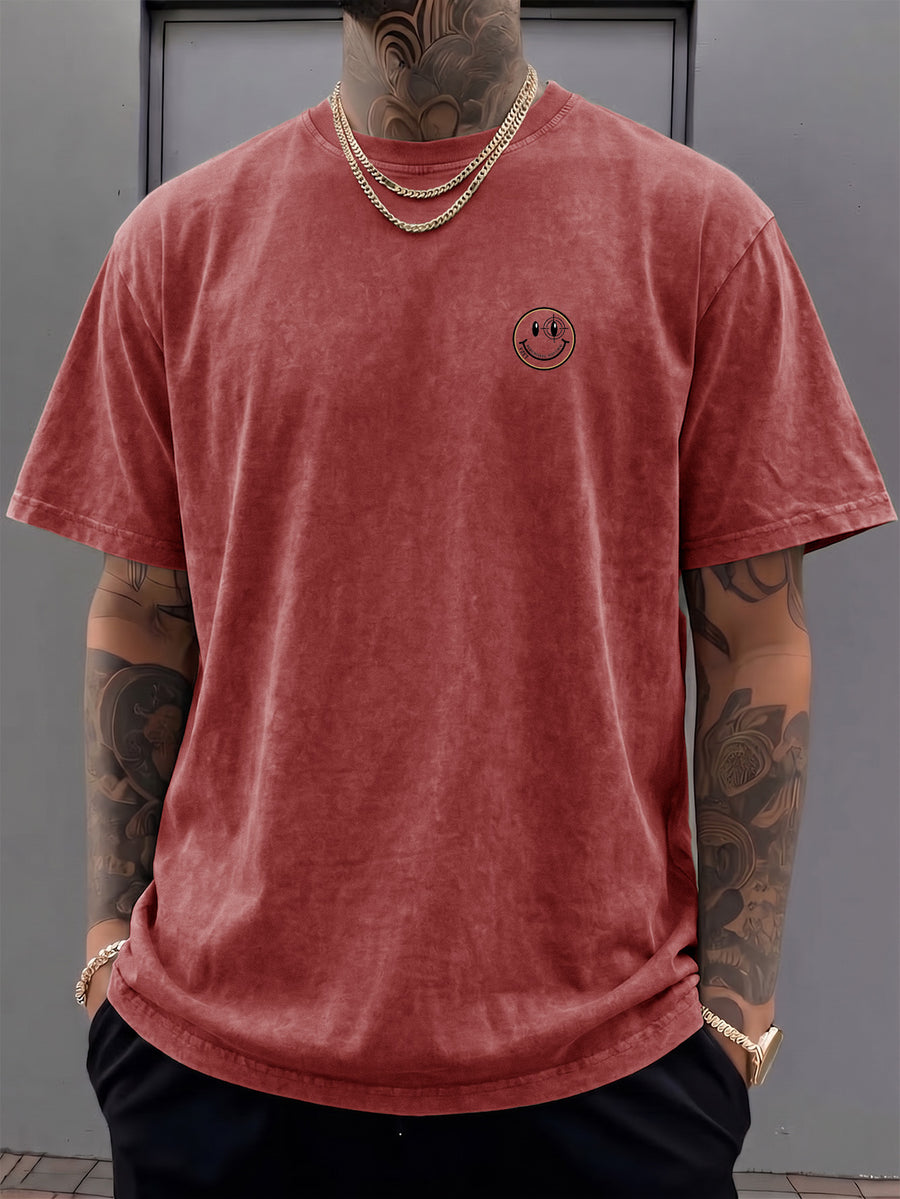 Short-sleeve T-shirt, Half-sleeve Top with a Small Joyful Face and Simple Circular Logo Print on the Chest, Trendy Print Available in 12 Colors for Mix-and-match. Made of Pure Cotton with a Washed and Distressed Effect, Featuring a Loose Fit. - Burgundy