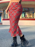 Tier 1 Directional Western Fashion Spring Autumn New Classic Red Check Bum-Fitting Half Skirt - Red