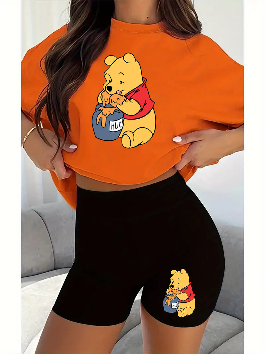 Women'S Disney-Themed T-Shirt Set Featuring a Casual Round Neck And Short Sleeves with a Winnie The Pooh Print, Perfect for Everyday Wear Or As a Gift. Ideal for Daily Outfits, Trendy Casual Wear - Orange