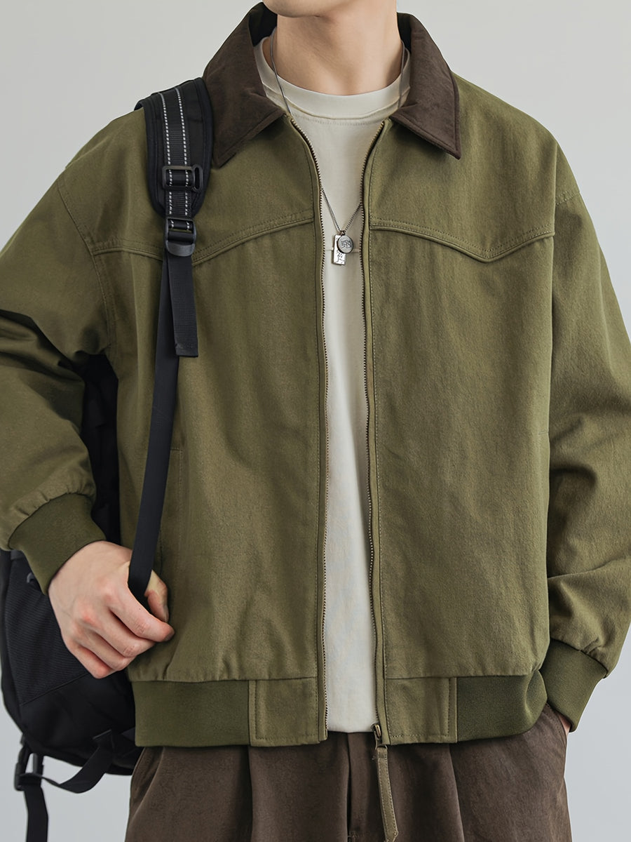 Jingmeleng Selection Men's New Outdoor Workwear Vintage Lapel Jacket - Contrast-Color Corduroy Collar - Solid Color Fabric with Drawstring - Metal Vintage YKK Zipper - Hem and Cuff Ribbed Design - Loose Fit Fashionable Trendy Casual Outerwear - Olive