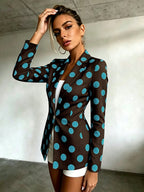 Women's Polka Dot Pattern Button-Up Long Sleeve Blazer, Women's Top, Suitable for Spring, Summer, Autumn, A Must-Have Item for All Seasons, Machine Washable, for Office Commuting and Casual Outings - Coffee Color