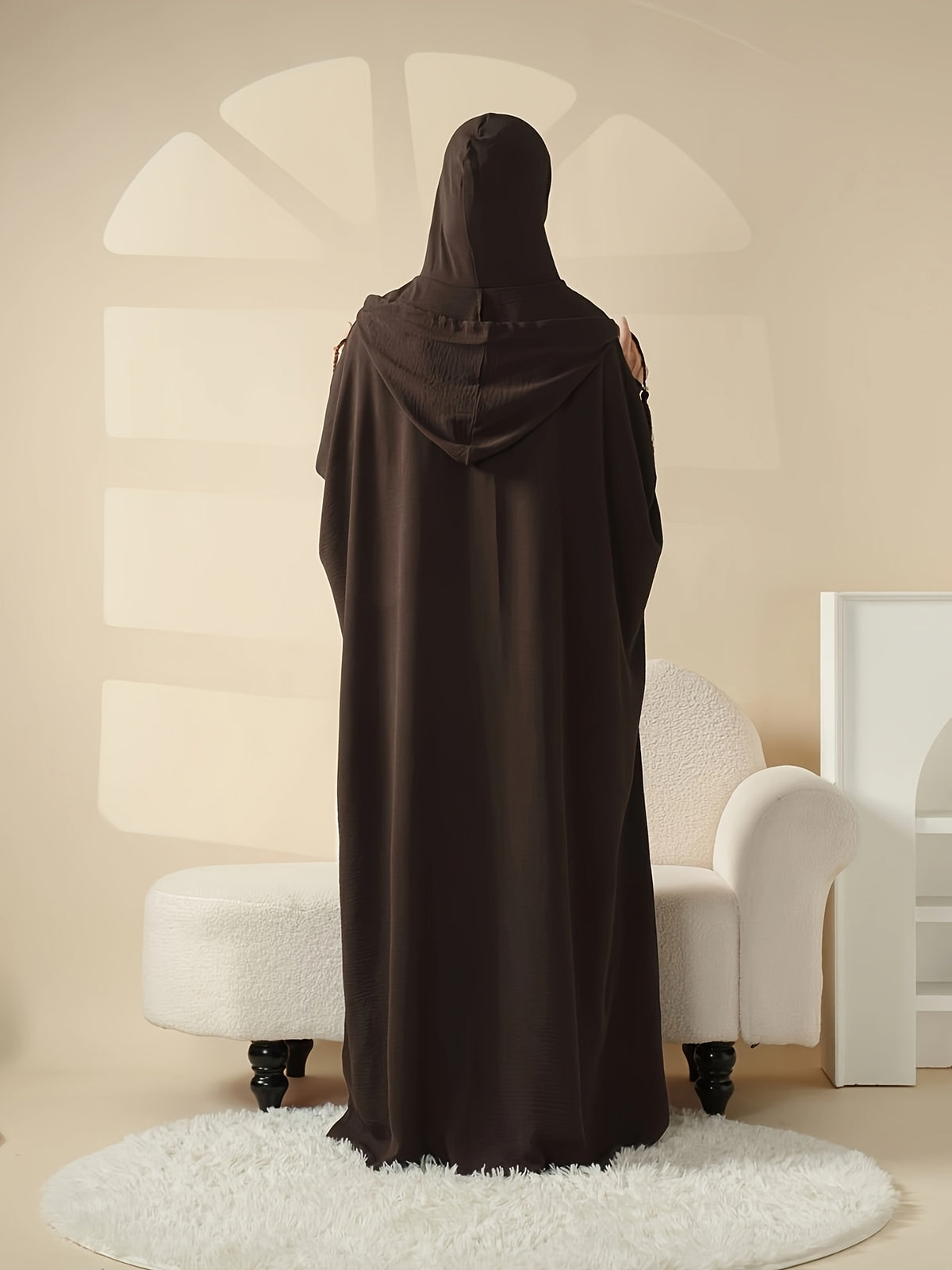 Women's Solid Color Loose Fit Muslim Batwing Sleeve Fringe Drawstring Hooded Hoodie for Daily Wear Islamic Clothing Prayer Abaya Gown - Coffee Color