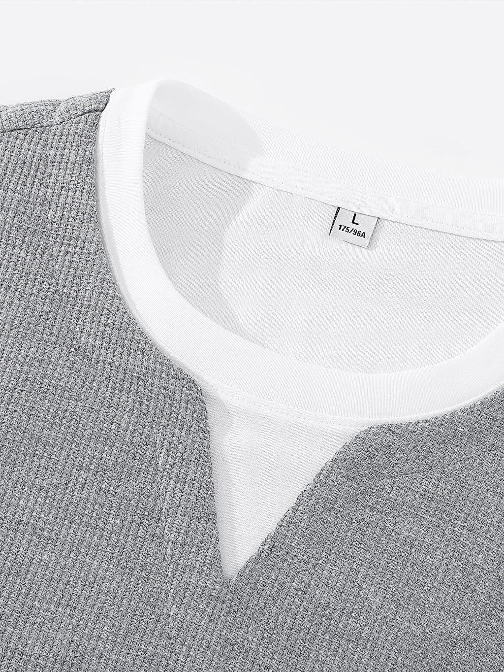 Men's Waffle Knit 2-in-1 Look Long Sleeve T-Shirt, Small V-Neck Patchwork Design, Breathable Textured Fabric Loose Fit, Daily Commute Home Casual Top, Versatile Spring and Autumn Base Layer for Inner or Outer Wear - Light Grey