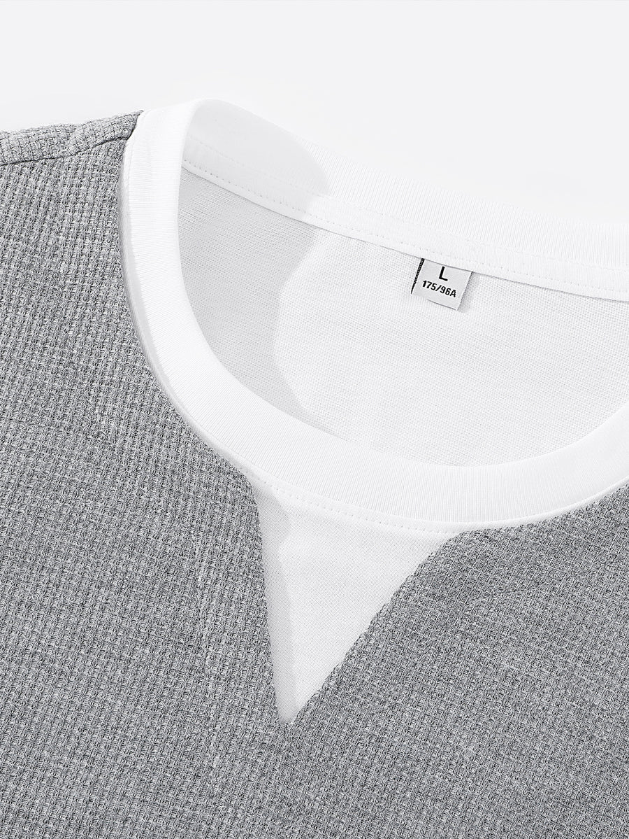 Men's Waffle Knit 2-in-1 Look Long Sleeve T-Shirt, Small V-Neck Patchwork Design, Breathable Textured Fabric Loose Fit, Daily Commute Home Casual Top, Versatile Spring and Autumn Base Layer for Inner or Outer Wear - Light Grey