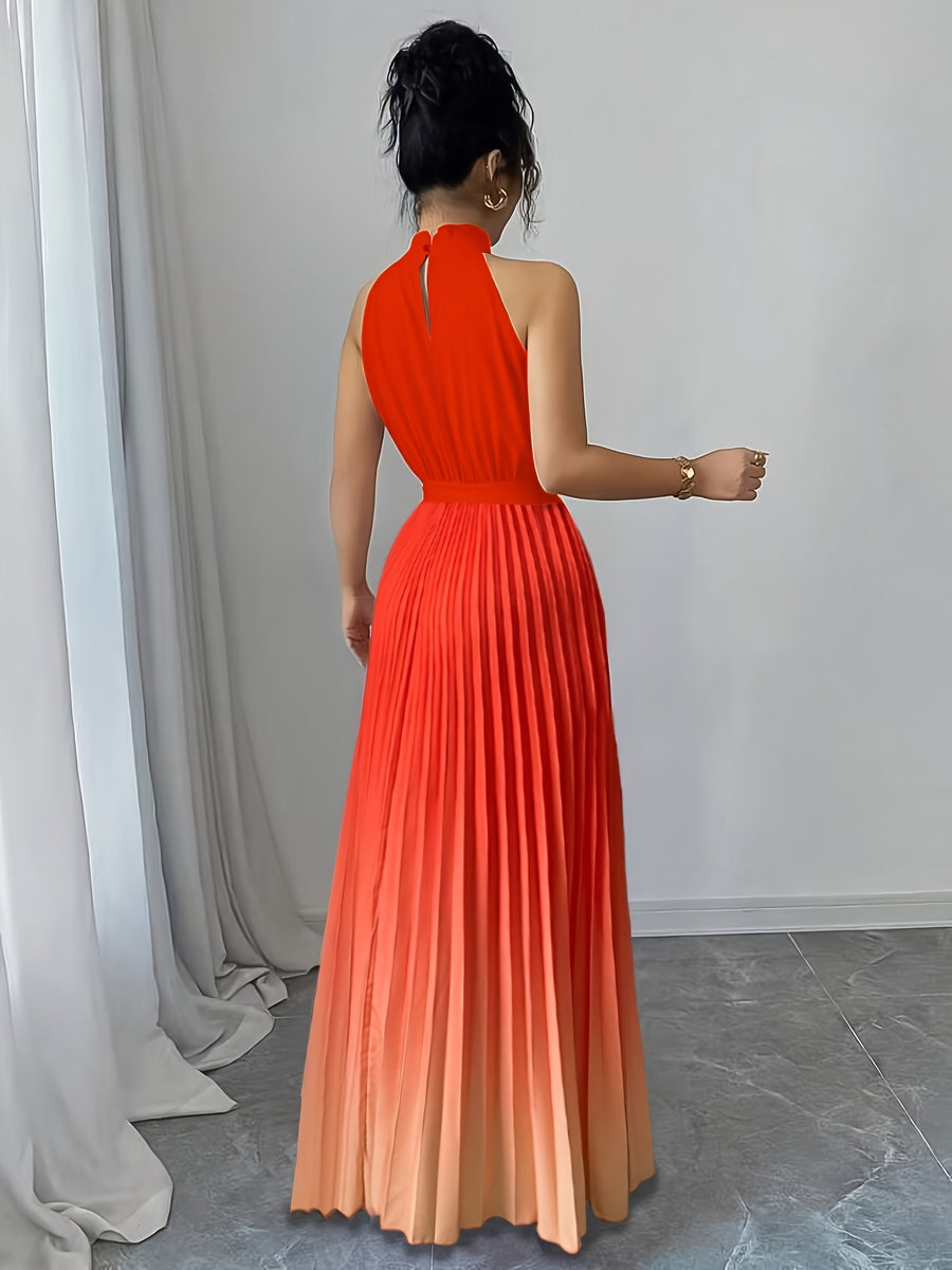 Elegant Romantic Ruffled Neckline And Waist Tie A-Line Pleated Gradient Maxi Dress - Gradient Orange Red