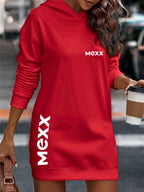 Extended Hooded Sweatshirt, Sweatshirt Dress, Casual Women'S Commuting Style, Loose Fit, Heat Transfer Printing, Elastic Ribbed Cuffs/Hem, Soft And Comfortable Fabric, Three Colors Available: Blue, Black, Red - Red