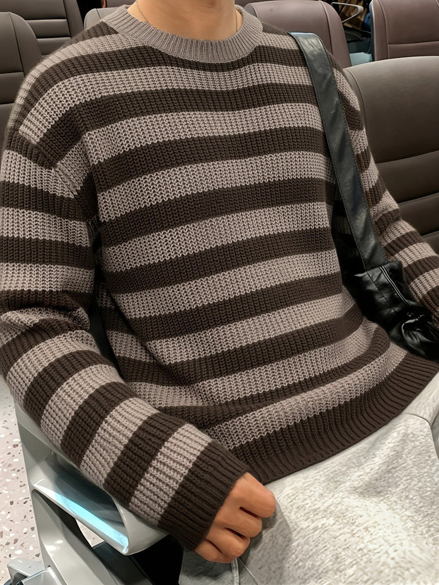 Spring/Autumn New Trendy Fashion Versatile Casual Men'S Knit Pullover Sweater, Easy Lazy Style Striped Aesthetic Casual Round Neck Sweater Long Sleeve, Office School Commute Vacation Street Dance Outfit - Khaki