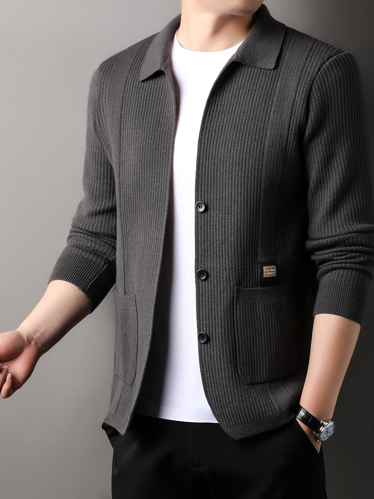 Du Jing Lan OBM Spring/Autumn New Arrival Men's Knit Cardigan, Old Money Style Solid Color Striped Single-Breasted Open Front Lapel Knit Cardigan, Men's Business Casual Fashion Single-Breasted Open Front Knit Cardigan Top, Suitable for Spring - Dark Gray