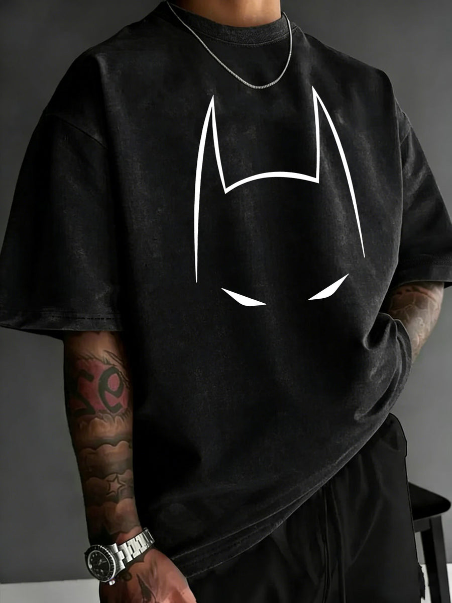 Licensed by WB Warner, Men's Old Cotton 100% Cotton Washed Crew Neck T-Shirt, Mask Contour Minimalist Graphic Design, Loose Version, Men's Casual Cotton Versatile Loose Summer Short Sleeve T-Shirt - Black