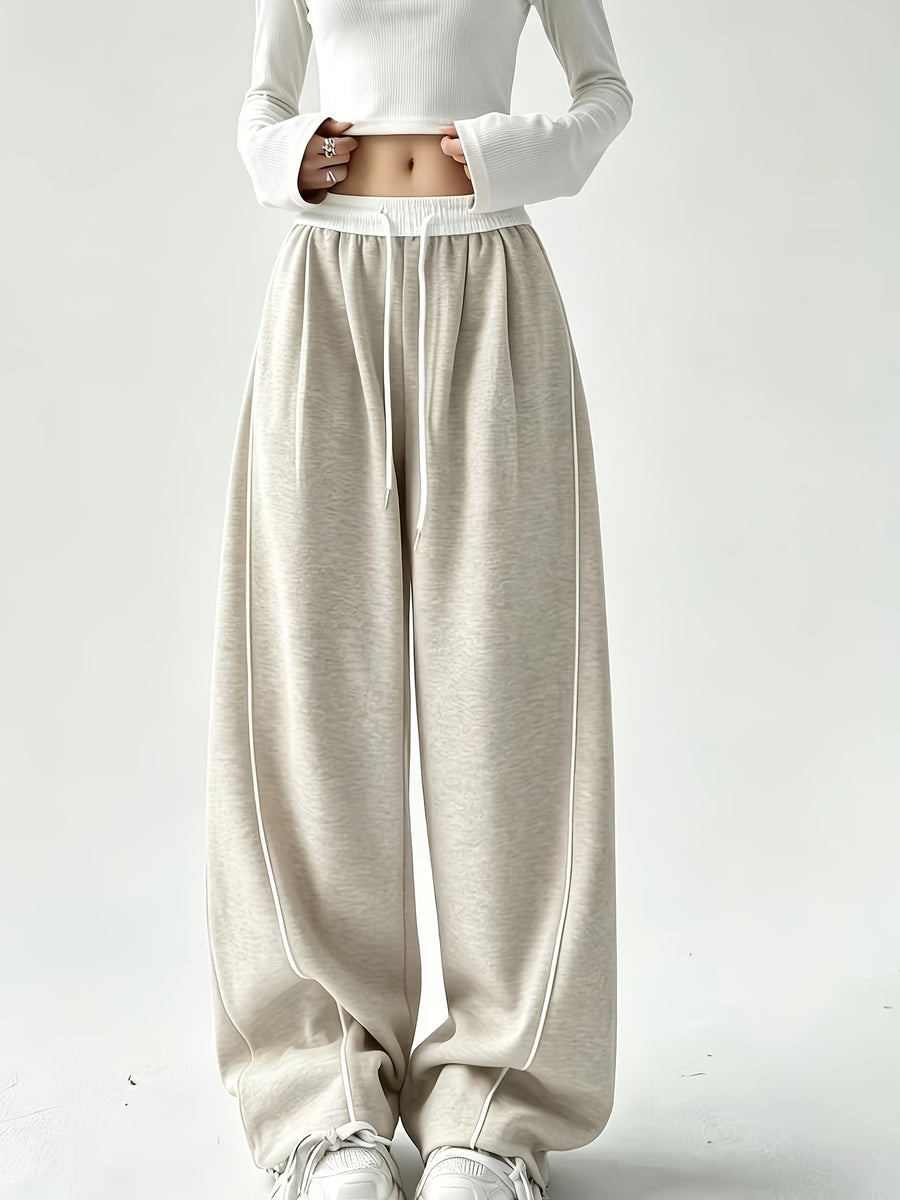 Wide Leg Sweatpants with Contrast White Elastic Waistband, White Side Piping Stripes, Convertible Adjustable Hem Cuff Two Ways Wearing Pants, Four Seasons Breathable Casual Athletic Joggers for Yoga Daily Street Outfits - M Beige