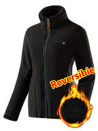 Women's Spring Casual Jacket, Thickened Shaggy Warm Printed Reversible Coral Sweatshirt, Double-Sided Outerwear - Black