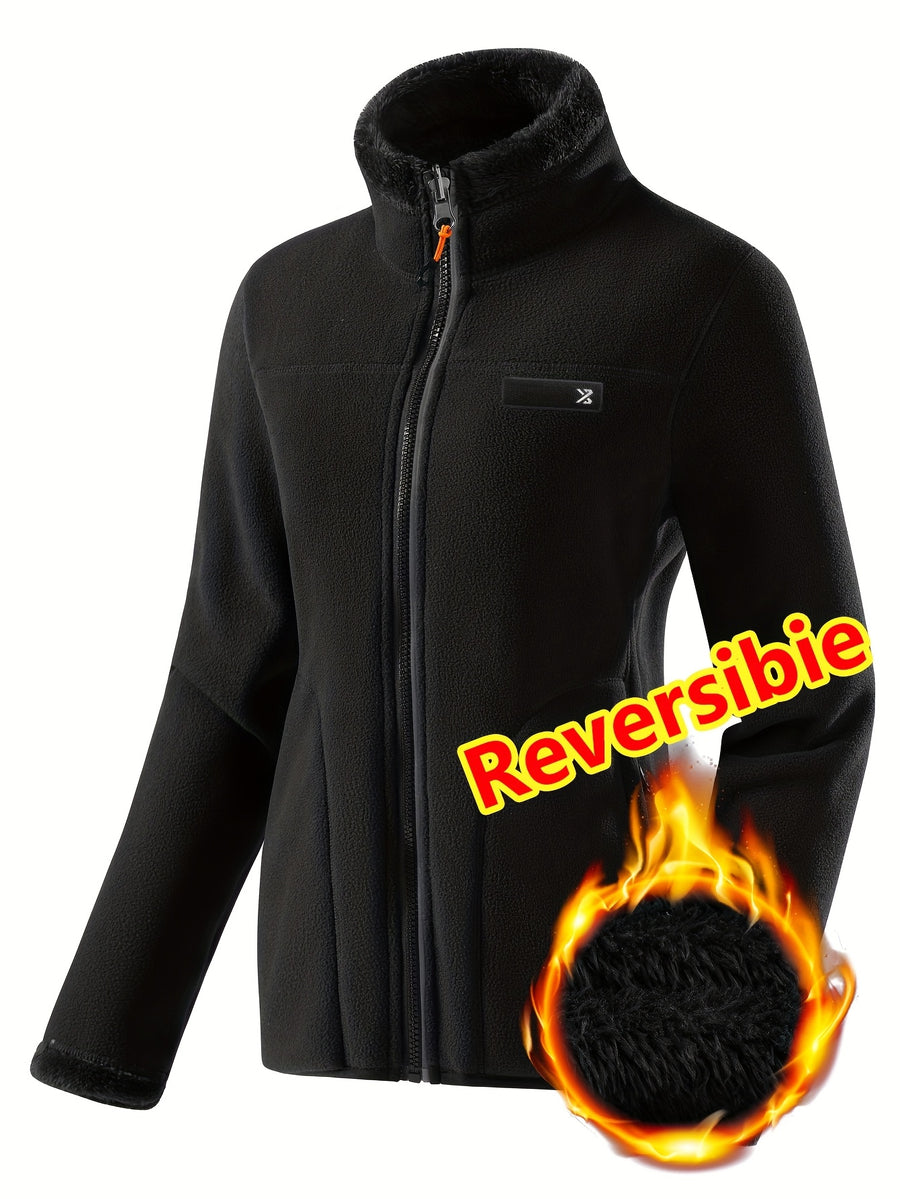 Women's Spring Casual Jacket, Thickened Shaggy Warm Printed Reversible Coral Sweatshirt, Double-Sided Outerwear - Black