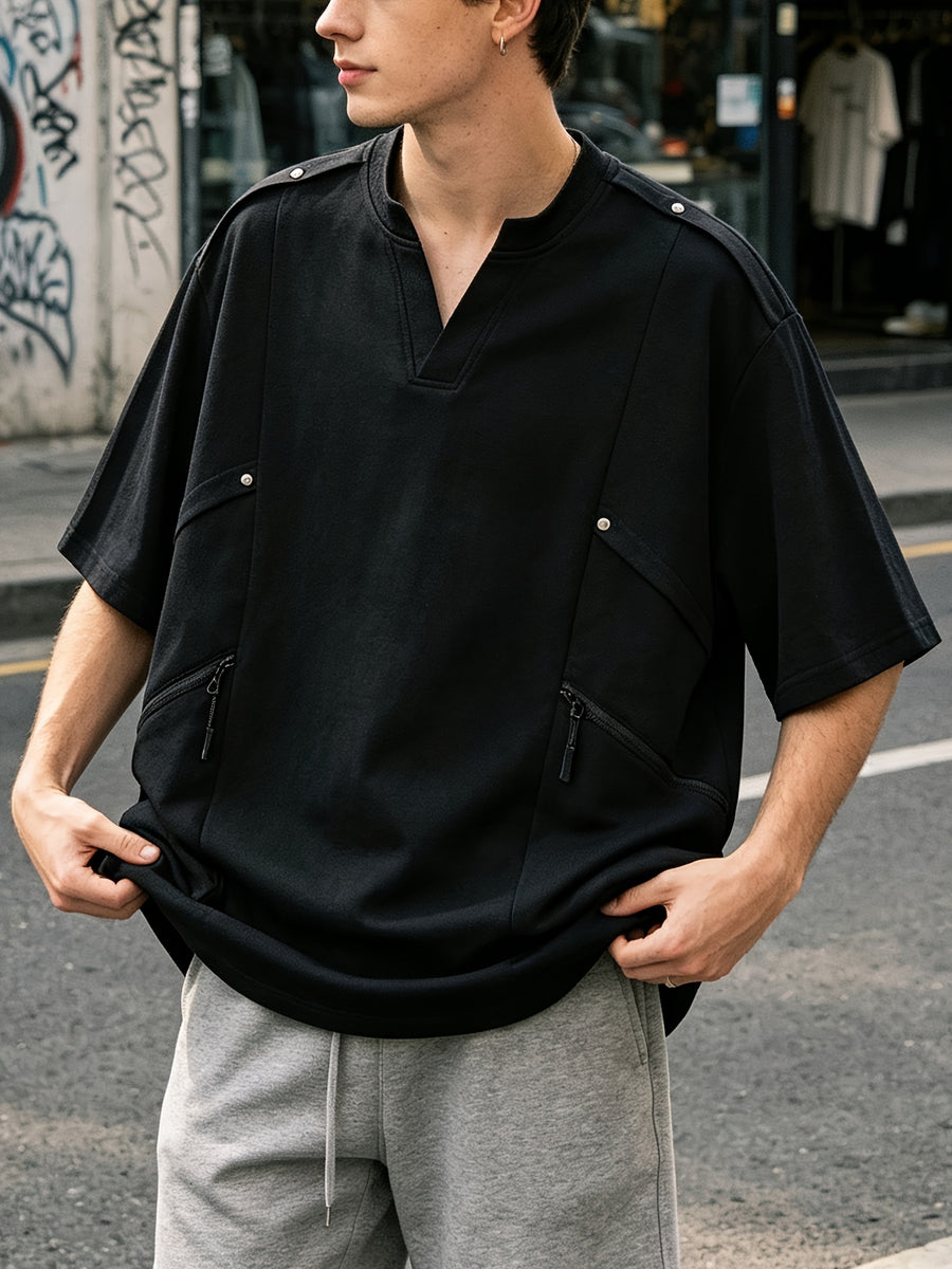 [Kuzan Yuki OBM] Men'S Summer New V-Neck Cargo Casual T-Shirt for Travel, Commute, Vacation, Individual, All-Match Fashion Tee - Black
