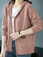 Women's Cardigan, Spring/Autumn Lazy Style Sweater Jacket, Loose Fit Outerwear Hooded Top - Bean Paste Pink