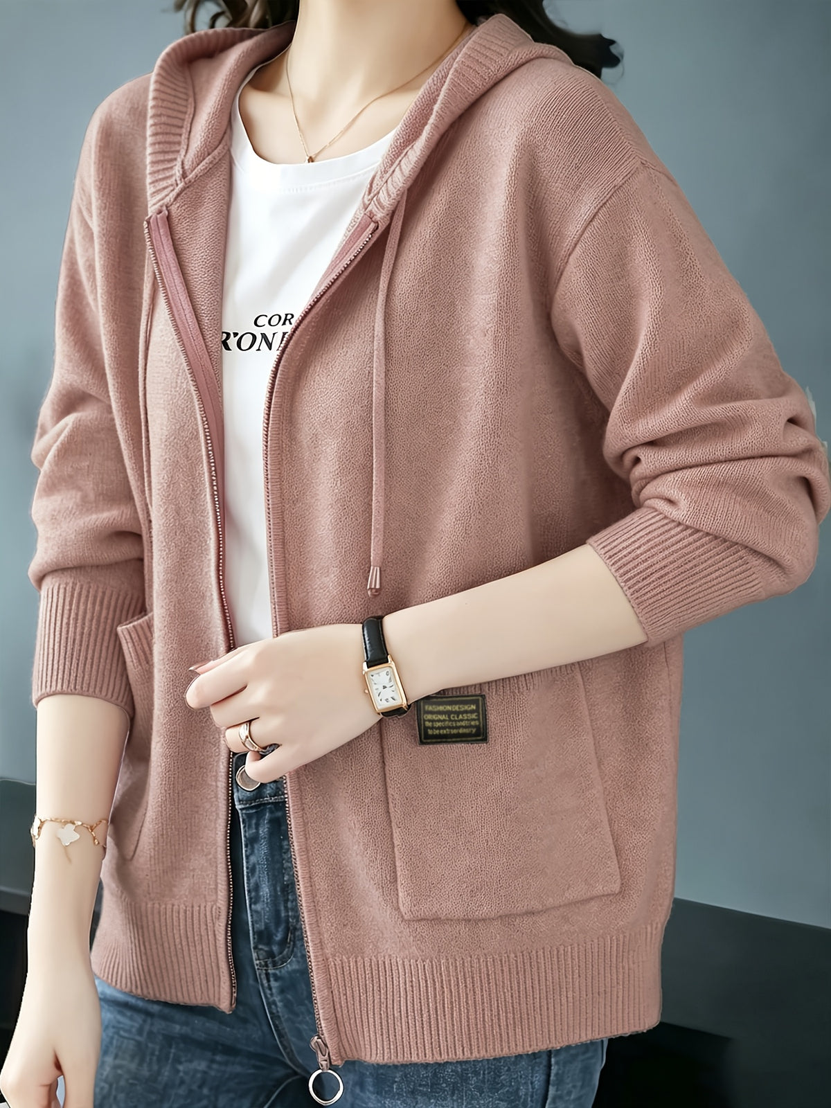 Women's Cardigan, Spring/Autumn Lazy Style Sweater Jacket, Loose Fit Outerwear Hooded Top - Bean Paste Pink