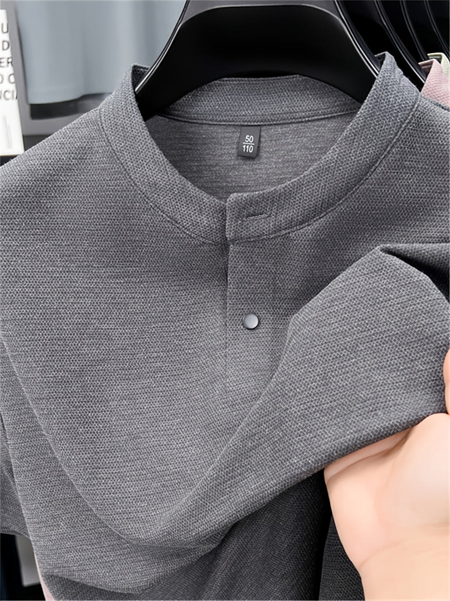 Men'S Henley Shirt Summer New Style, Solid Color Round Neck Top, Half-Button Placket, Button Closure Design, Layering with Thin Jacket, Versatile for Business Office, Golf Sports, Casual Outings, Short Trips, Father'S Day Gift, Men'S Gift - Grey