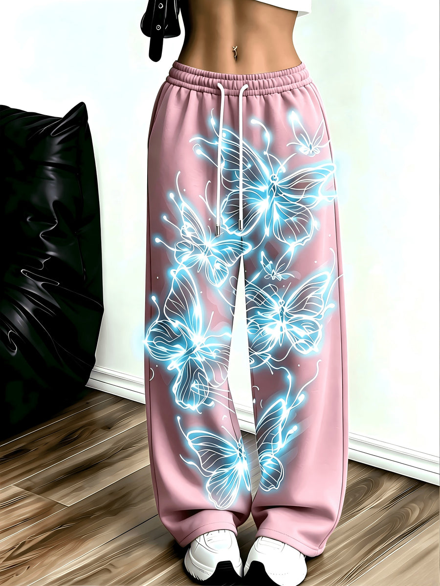 Women's Neon Butterfly Glow-in-the-dark Pattern Jogging Pants with Pockets, Elastic Waistband, and Straight-leg Design - Mixed Color 1