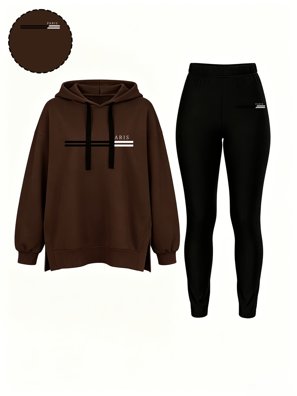 Autumn/Winter Set: Hooded Sweatshirt And Fitted Long Pants (Pattern Print Design) - Coffee color with black