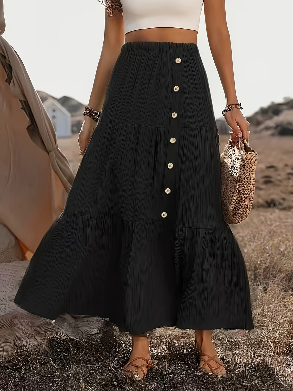 Textured Button Decor Elastic Waist Long Midi Skirt, Women'S Elegant Vacation Casual Skirt for Country Music Festival - Black