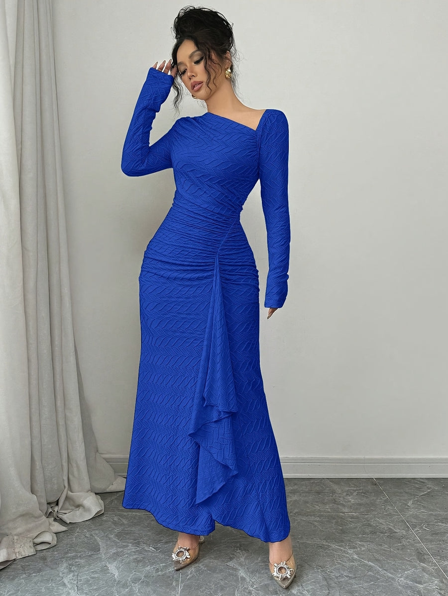 Ladies Elegant Fashion Office Commute Ladies Charm Long Sleeve Asymmetrical Neckline Pleated Slim Fit Bodysuit Collar Solid Color Textured Long Dress Directed - Blue
