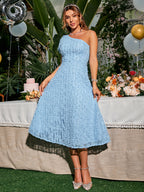 Women's Elegant Off-Shoulder Lace Dress - Sky Blue A-Line Midi Dress with Asymmetrical Hem & Waist-Cinching, Fitted Bodice Suitable for Weddings, Birthday Parties, Dinner Parties, Machine Washable Wedding Guest Dress - Sky Blue