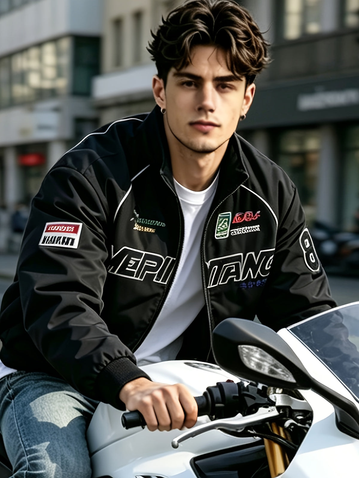 Men'S Thickened Windproof Racing Style Jacket, Stand Collar Full Zip Closure, Letter Patch Badge Decor, Windproof And Warm, Loose Fit, Multi-Color Available, Suitable for Autumn/Winter Motorcycle Riding, Road Trips, Travel Holidays, City Commuting - Black