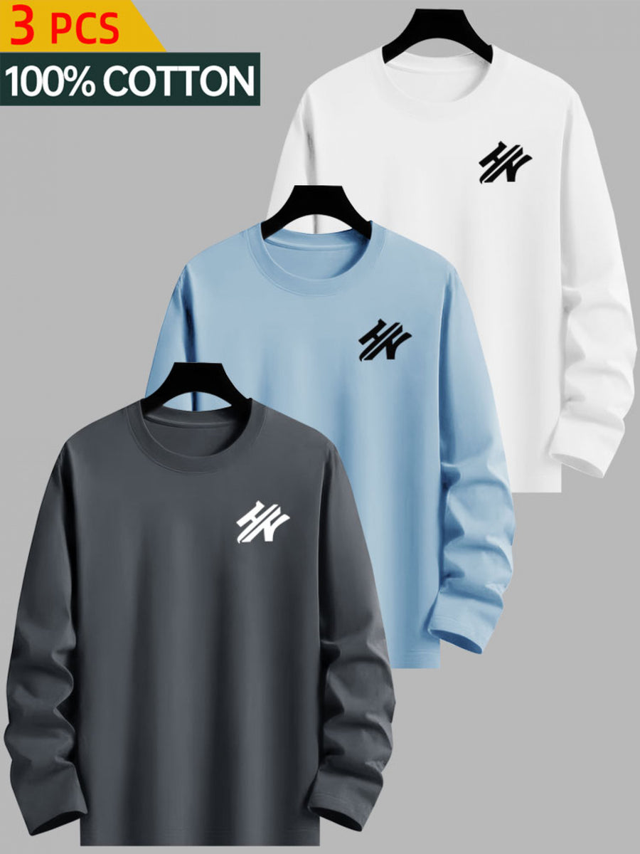 3-Pc - 100%, Men'S Long Sleeve T-Shirt for Spring And Autumn, Creative Print Pattern, Black/White/Blue/Gray - Color, Fabric Wear, Comfortable And Suitable As a Holiday Gift - Combination Color 4