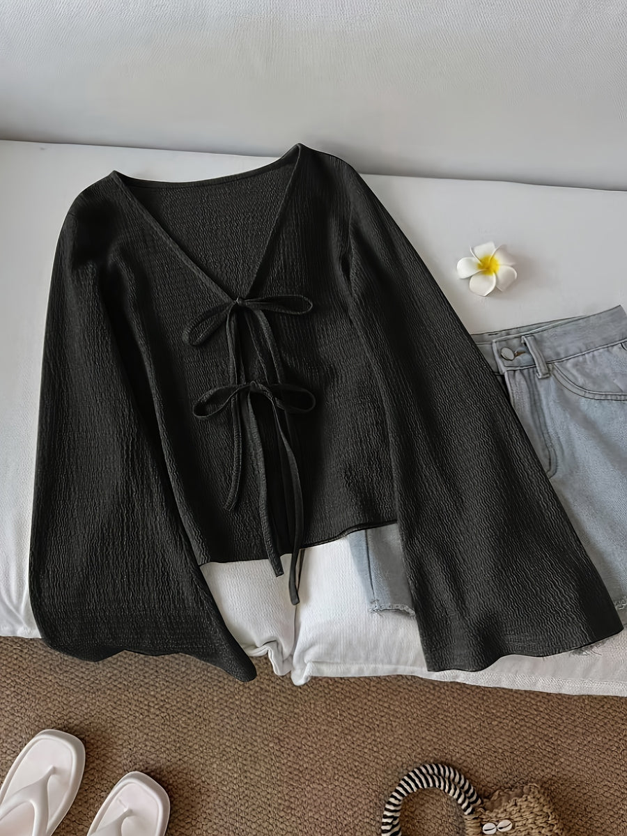 Solid Color Front-Tie Bow Open-Front Fashion Flared Sleeve Blouse New Women'S Short Top - Black