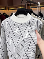 Men'S Mid-Length Round Neck Jacquard Sweater Autumn Winter Knit Casual Pullover Warm Top - White