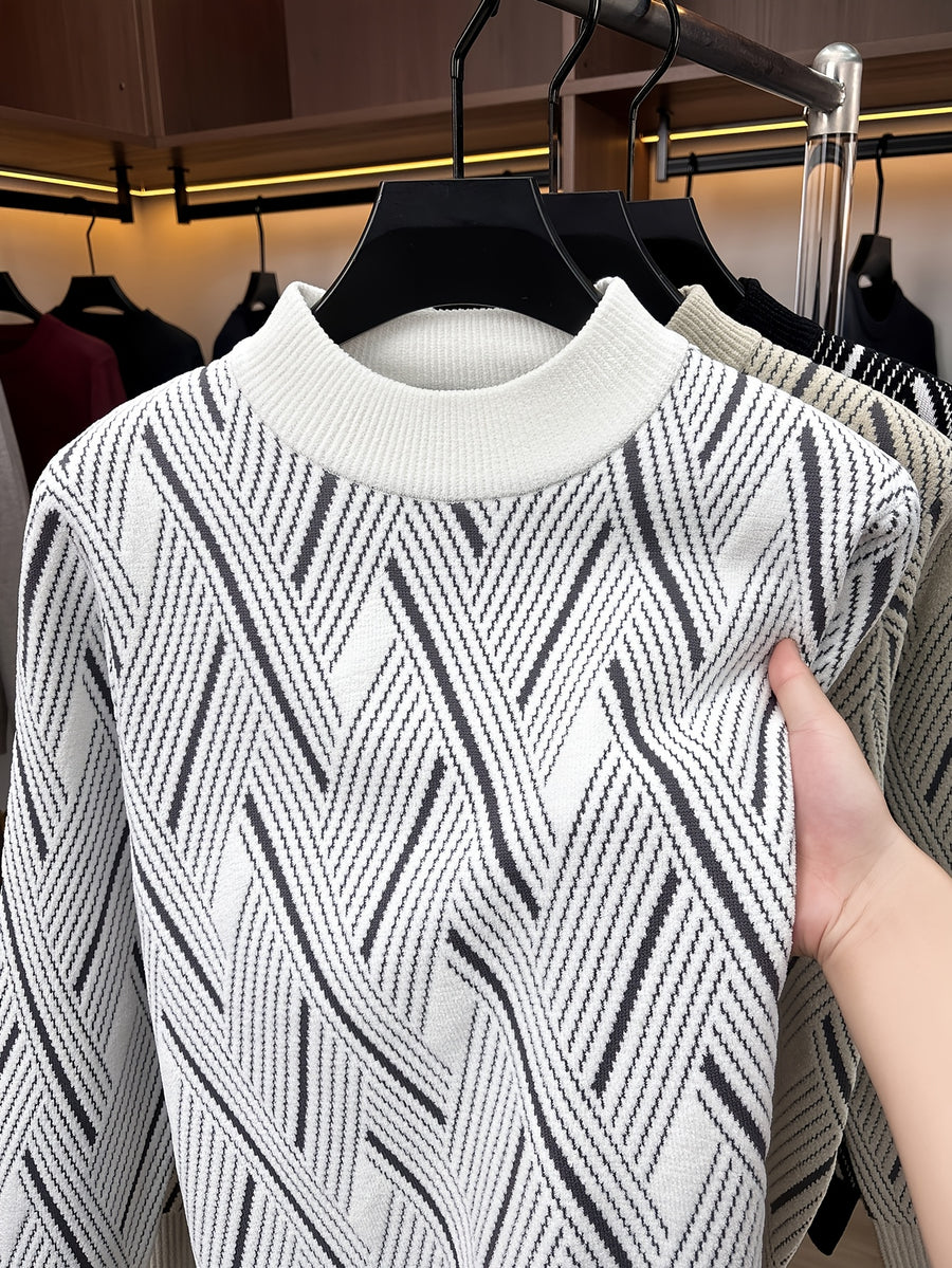 Men'S Mid-Length Round Neck Jacquard Sweater Autumn Winter Knit Casual Pullover Warm Top - White