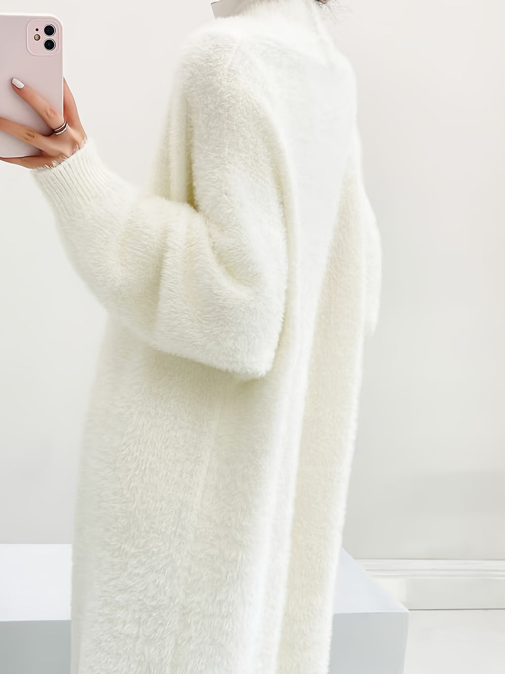 2025 Winter New Faux Mink Cardigan Oversized Loose Long Over-the-Knee Thick White Sweater Coat for Women - White
