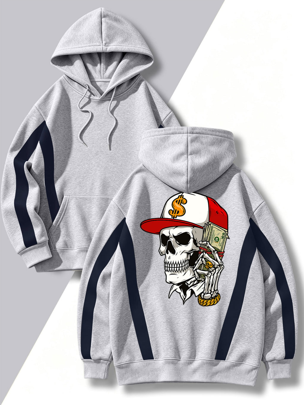 4pcs 2026 Autumn/Winter Men's Street Style Hooded Sweatshirt with Diagonal Contrast Color Line Cutting on Sleeves, Long Sleeves, Adjustable Drawstring, Large Capacity Kangaroo Pocket for Phone Storage, Skin-Friendly and Warm, Versatile Pullover - Gray+grey+grey+grey