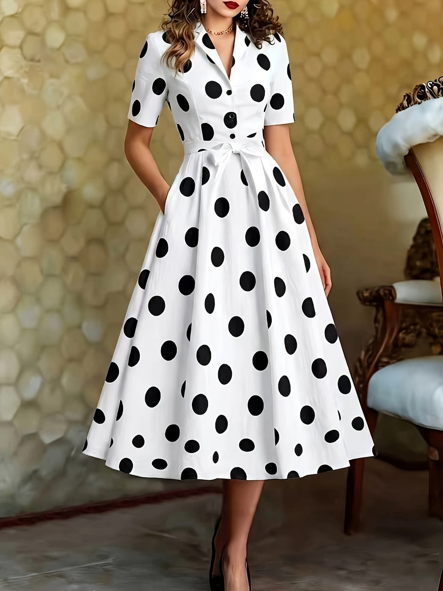 2026 Mid-Length Dress, Short Sleeve, Cape Neckline, Polka Dot Pattern, Button-Up Design, French Retro Style, White - White