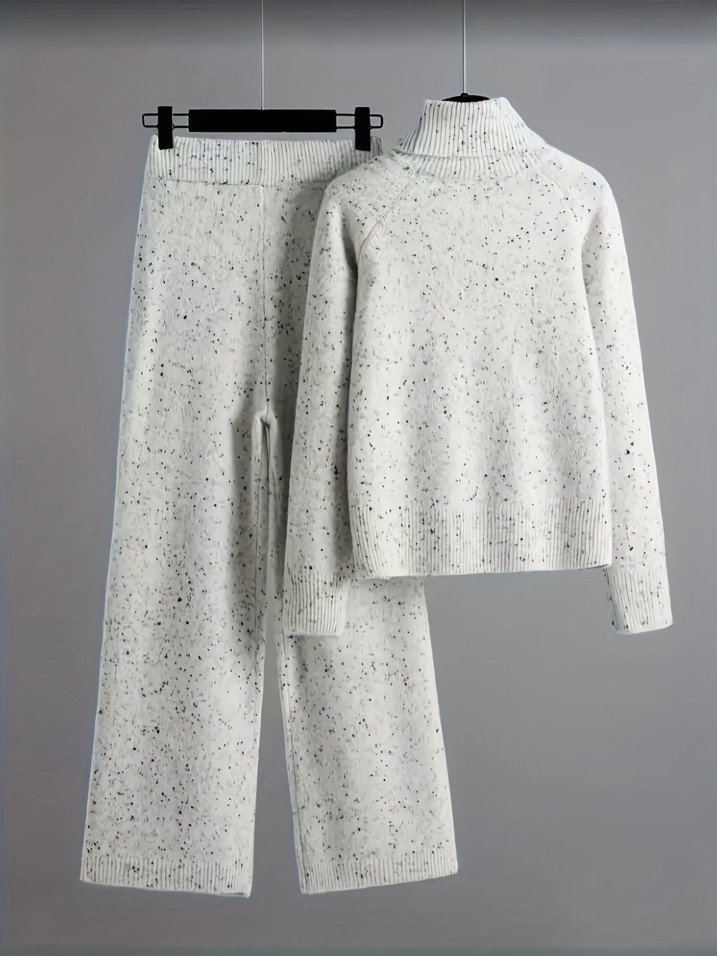 Elegant Women'S Suit - High-Neck Long Sleeve Sweater And Matching Pants, White with Black Polka Dots, Suitable for Autumn And Winter, from Casual to Formal, Comfortable Clothing Elegant Knitwear Blended Pants BK0828061 - Multicolor